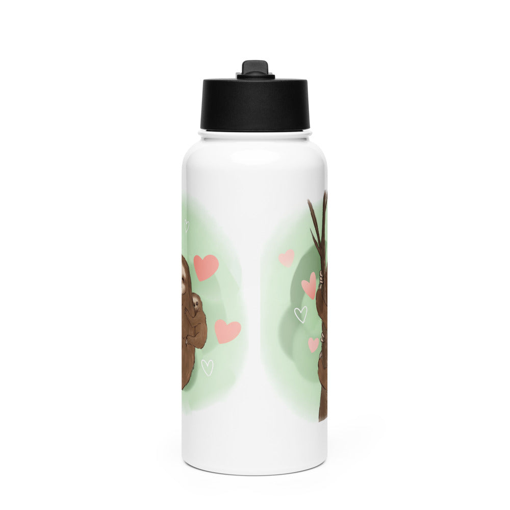 Sloth mama and baby hand-drawn art stainless steel water bottle with straw, left, by Briseis Gifts