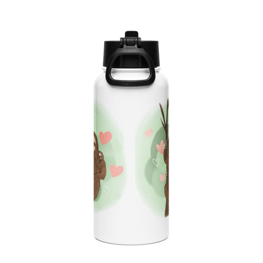 Sloth mama and baby hand-drawn art stainless steel water bottle with straw, right, by Briseis Gifts