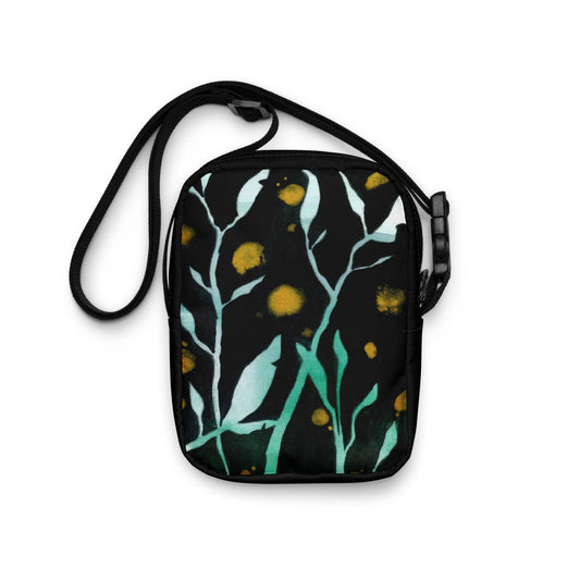 Abstract nature design hand-drawn art black crossbody bag back view, by Briseis Gifts