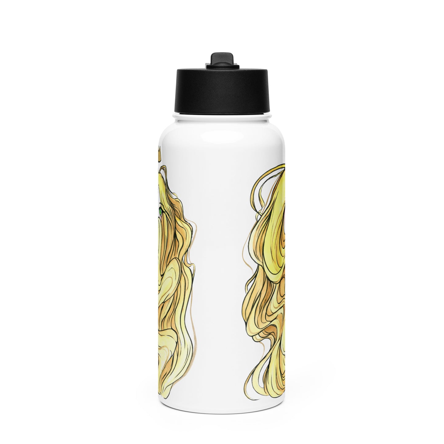 Anime queen design hand-drawn art stainless steel water bottle with straw, right, by Briseis Gifts