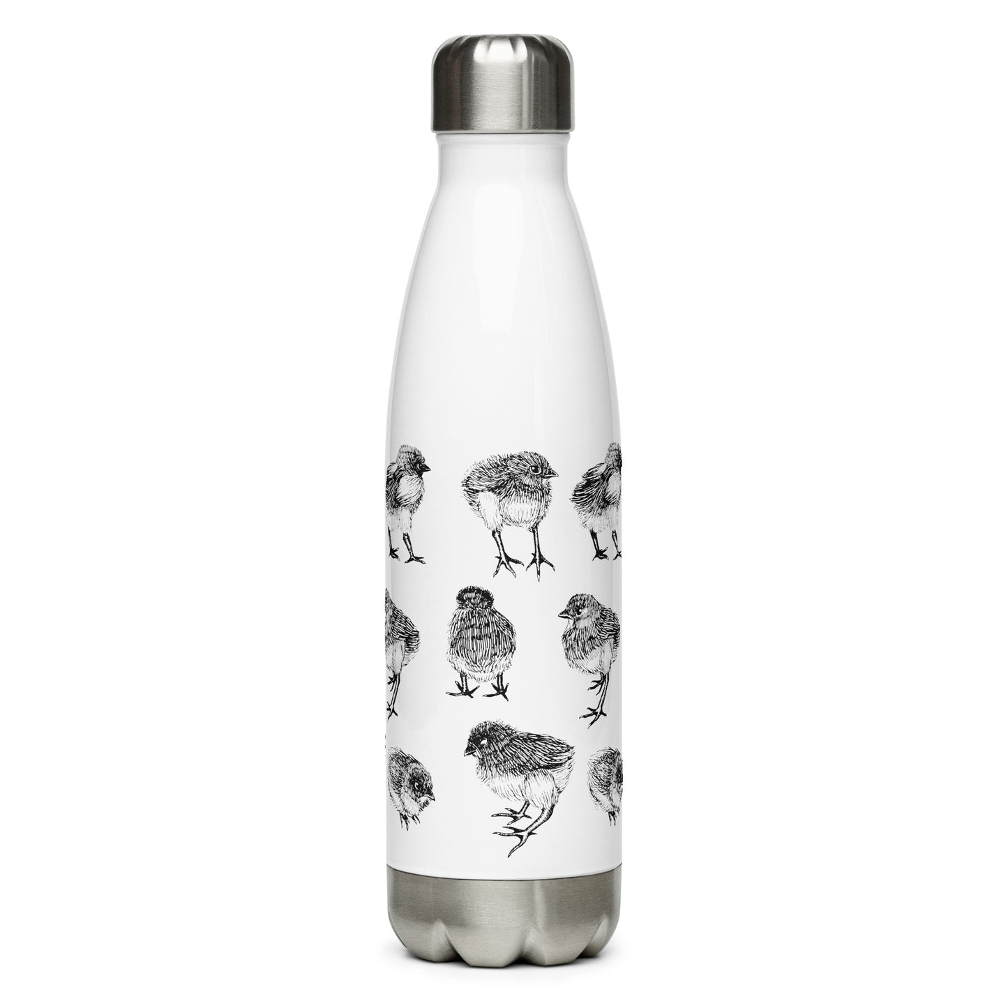 Baby chicks hand-drawn art white stainless steel water bottle back view, by Briseis Gifts