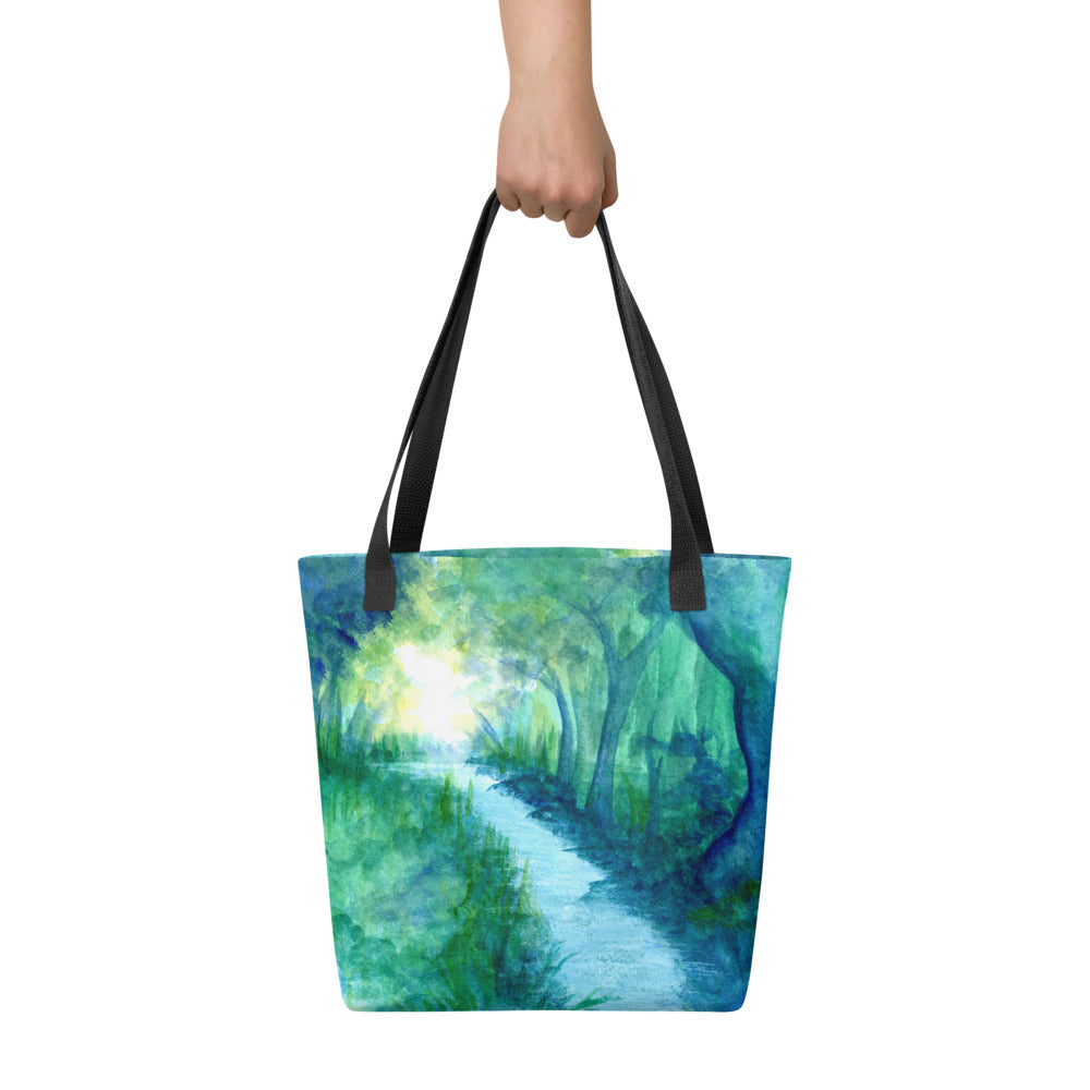 Blue and green forest hand-drawn art lifestyle bag carried view, by Briseis Gifts