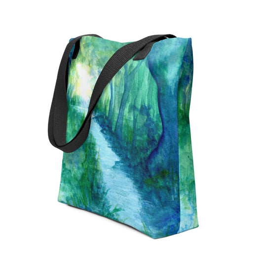 Blue and green forest hand-drawn art lifestyle bag side view, by Briseis Gifts