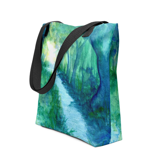 Blue and green forest hand-drawn art lifestyle bag side view, by Briseis Gifts