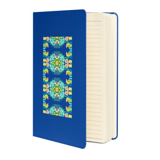 Buddha kaleidoscope design hand-drawn art blue notebook journal open view, by Briseis Gifts