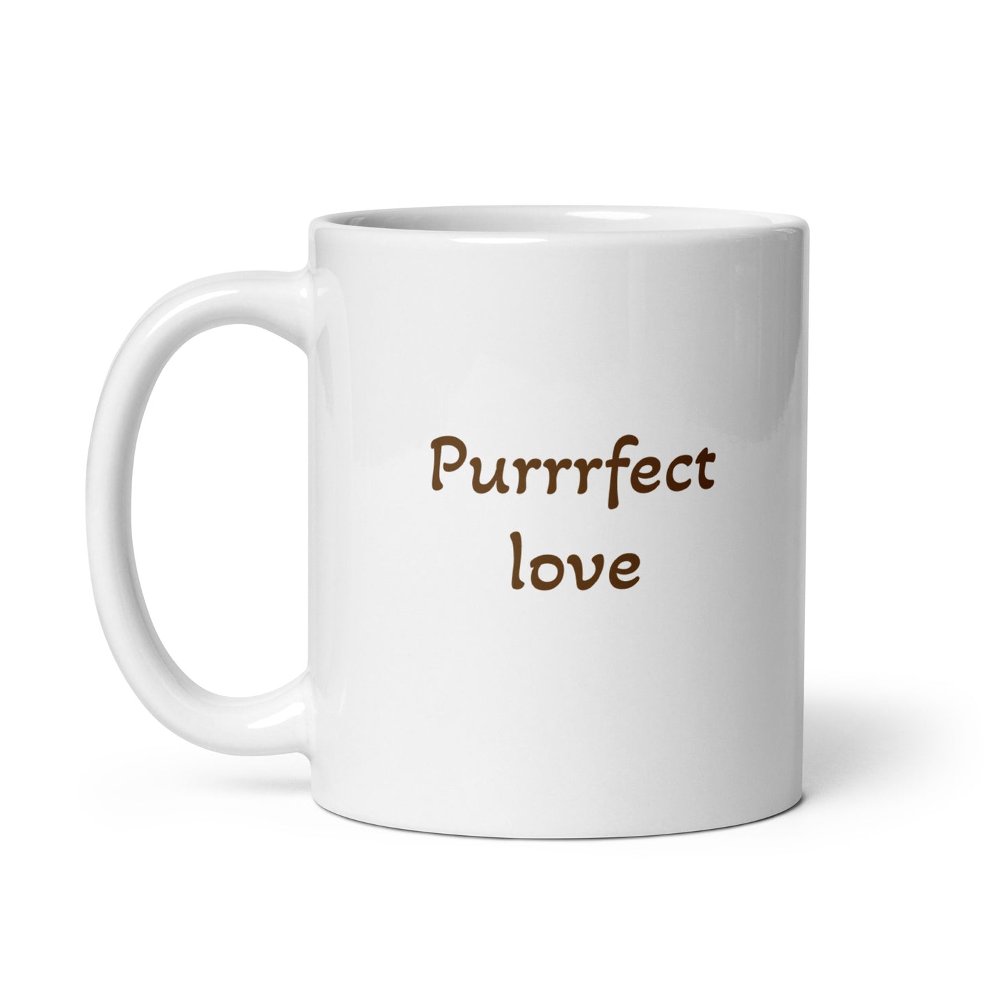 Snuggling cats white ceramic mug, with Purrrfect Love statement, right side, by Briseis Gifts