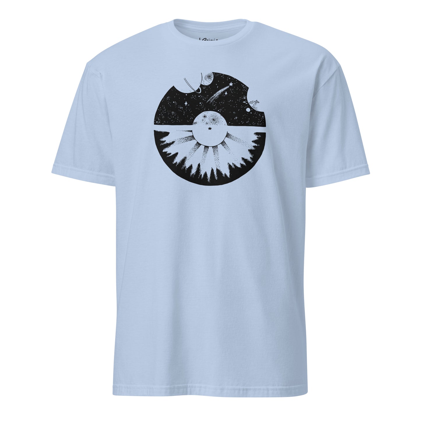 Celestial galaxy hand-drawn art unisex blue t-shirt front view