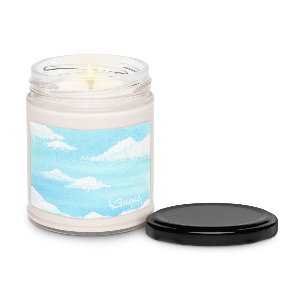 Clean cotton soy jar candle with lid, hand-drawn art clouds in sky design by Briseis Gifts