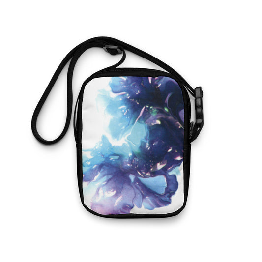 Blue, turquoise and purple swirl design hand-drawn art crossbody bag back view, by Briseis Gifts
