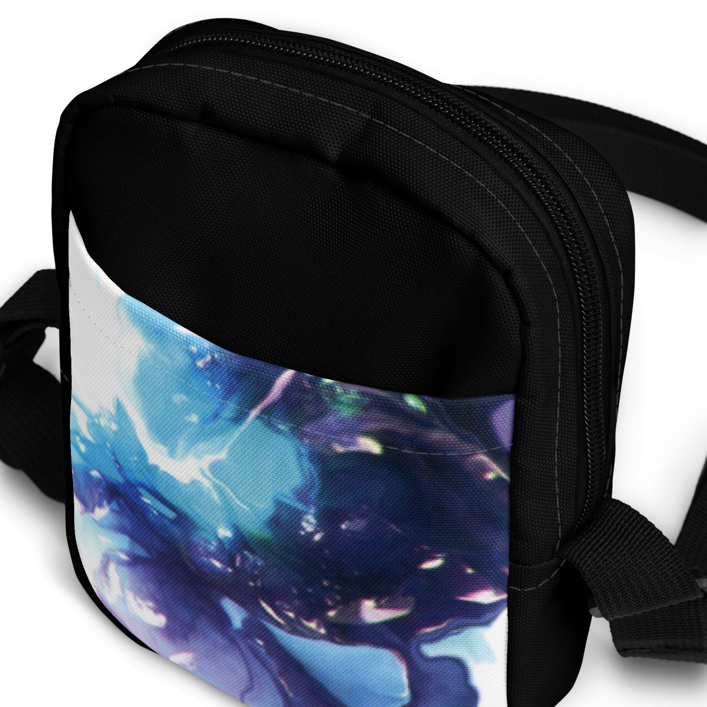 Blue, turquoise and purple swirl design hand-drawn art crossbody bag front pocket view, by Briseis Gifts
