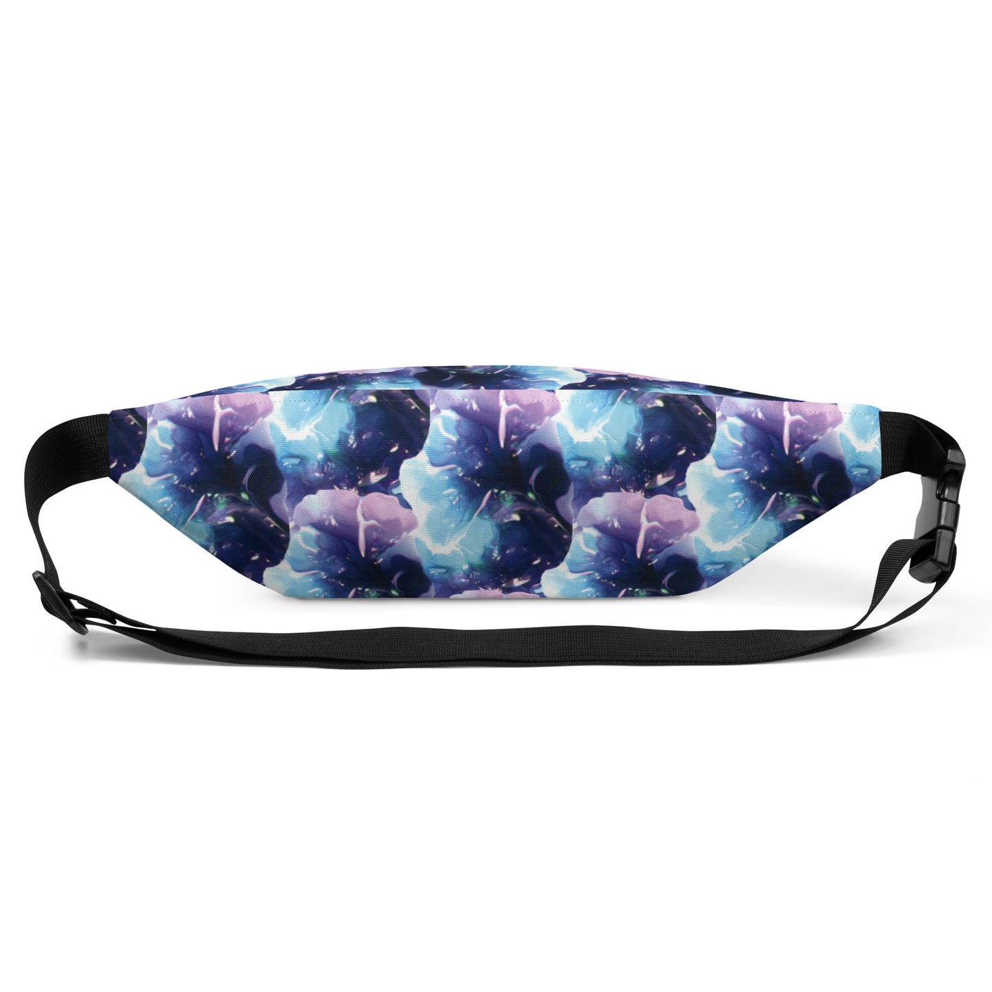 Blue, turquoise and purple swirl design hand-drawn art fanny pack back view, by Briseis Gifts