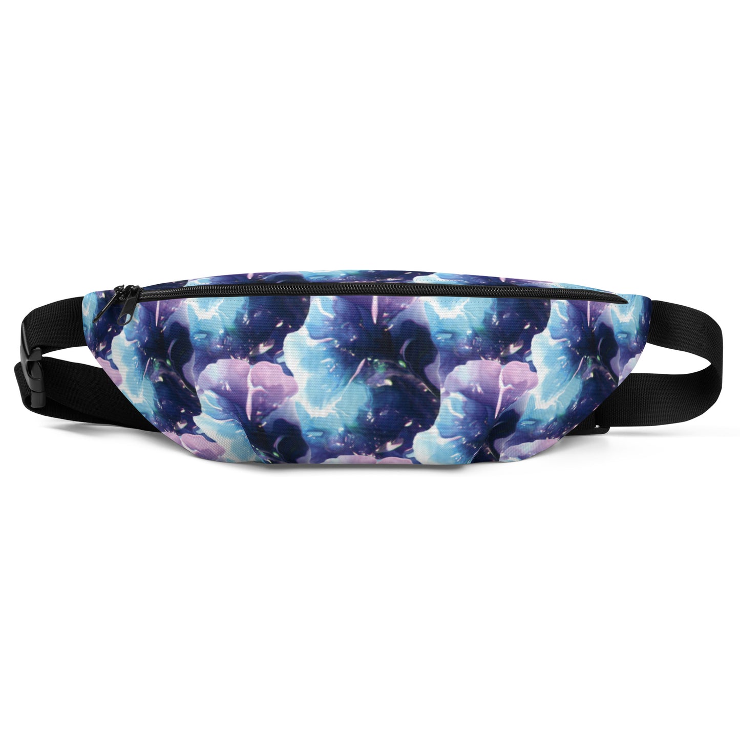 Blue, turquoise and purple swirl design hand-drawn art fanny pack front view, by Briseis Gifts