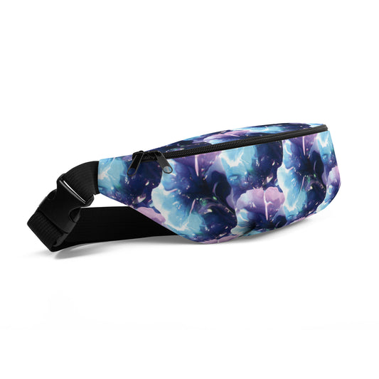 Blue, turquoise and purple swirl design hand-drawn art fanny pack side view, by Briseis Gifts