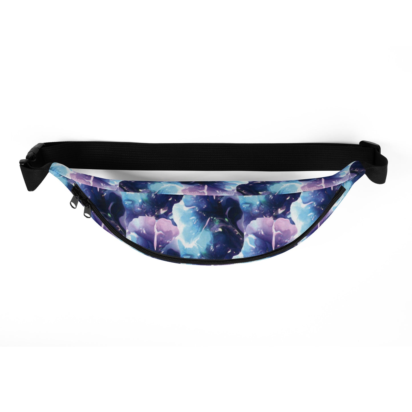 Blue, turquoise and purple swirl design hand-drawn art fanny pack top view, by Briseis Gifts
