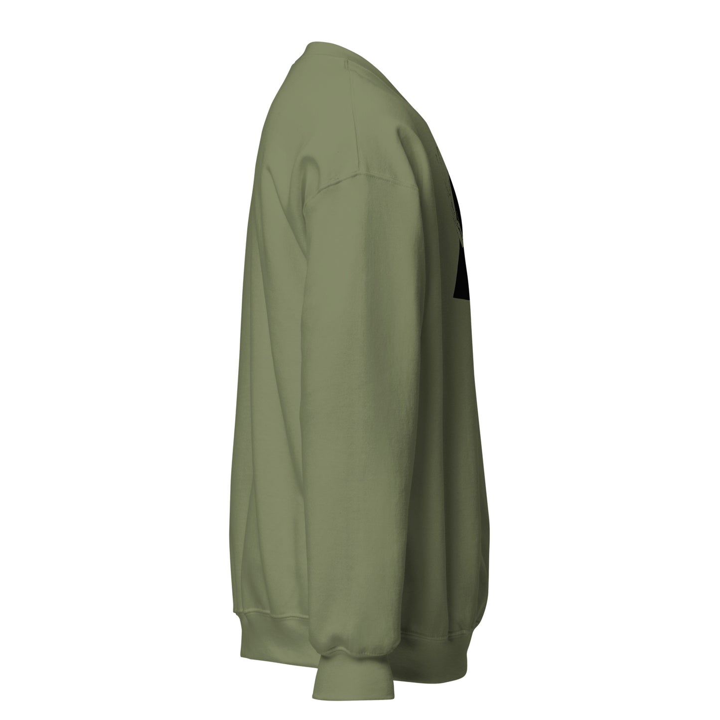 Majestic deer hand-drawn art olive green crew neck sweatshirt, right view, by Briseis Gifts