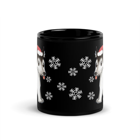 Winter santa pup design hand-drawn art black ceramic mug, front, by Briseis Gifts