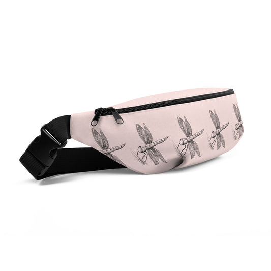 Dragonfly design hand-drawn art pink fanny pack side view, by Briseis Gifts
