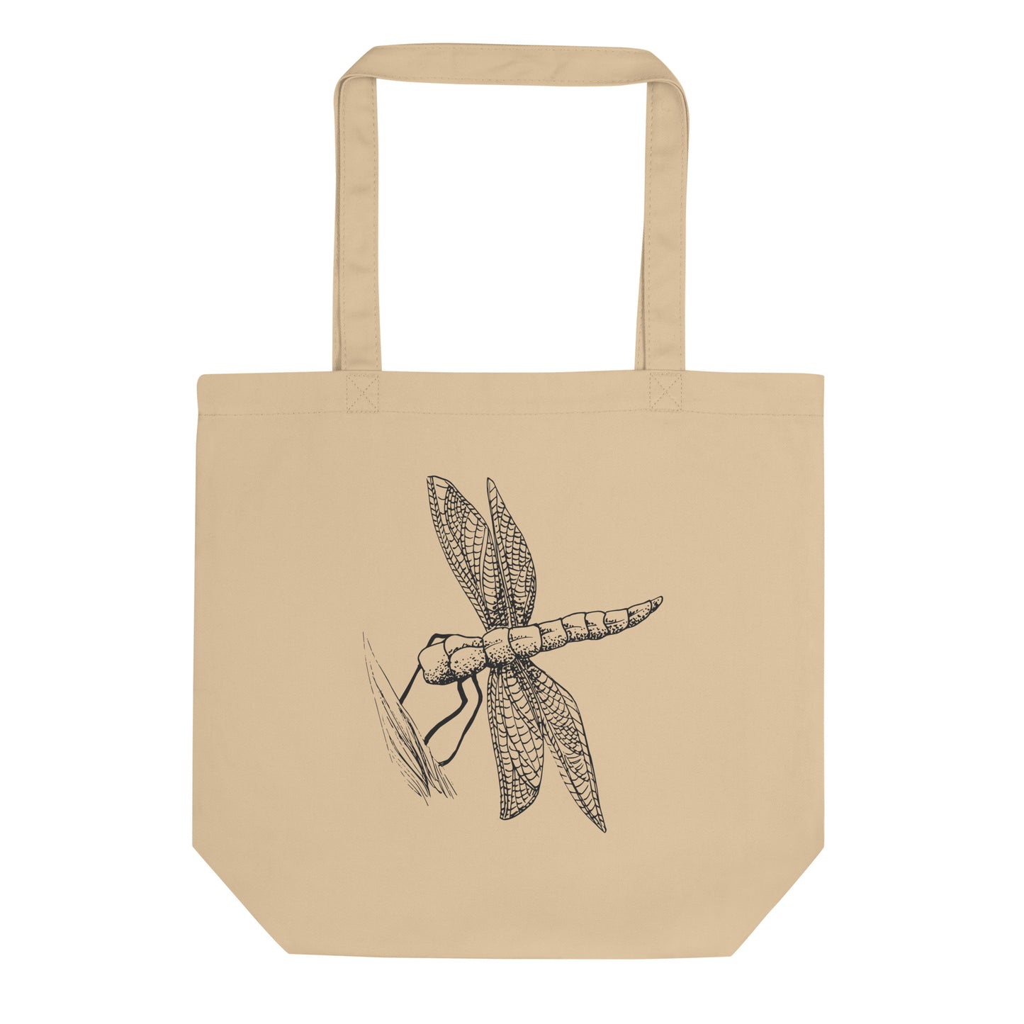 Dragonfly design hand-drawn art tan organic cotton eco tote bag front view, by Briseis Gifts