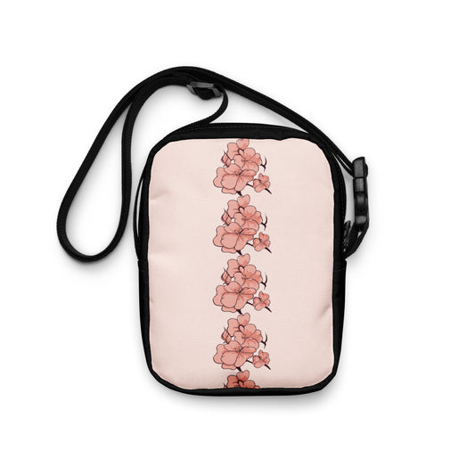 Dream girl Asian-inspired floral design hand-drawn art pink and black crossbody bag back view, by Briseis Gifts