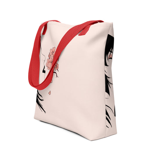 Dream girl Asian-inspired floral design hand-drawn art pink lifestyle bag side view, by Briseis Gifts