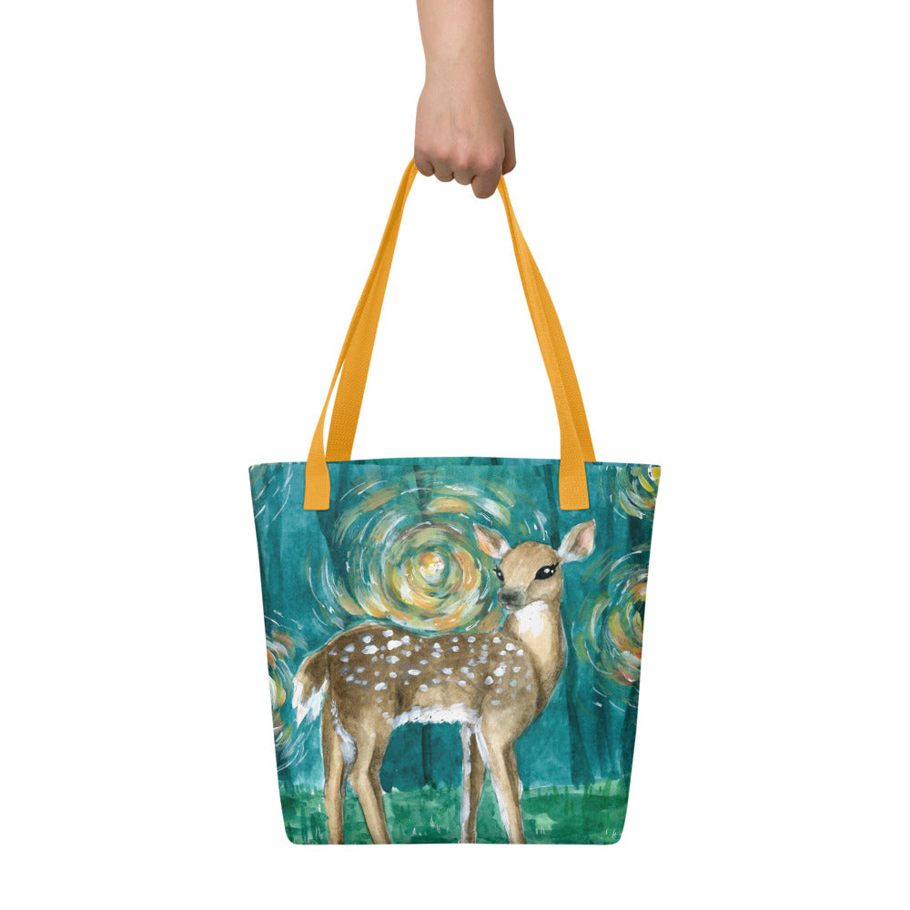 Ethereal deer hand-drawn art lifestyle bag carried view, by Briseis