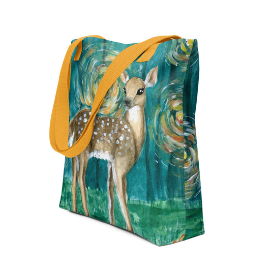 Ethereal deer hand-drawn art lifestyle bag side view, by Briseis