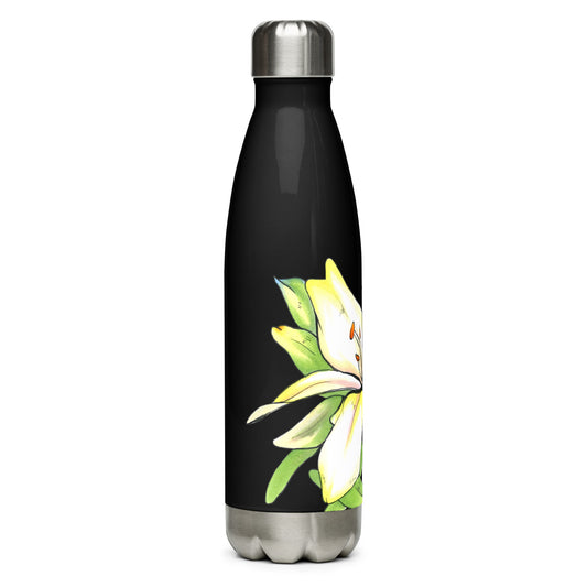 Exotic tropical floral design hand-drawn art black stainless steel water bottle, right, by Briseis Gifts