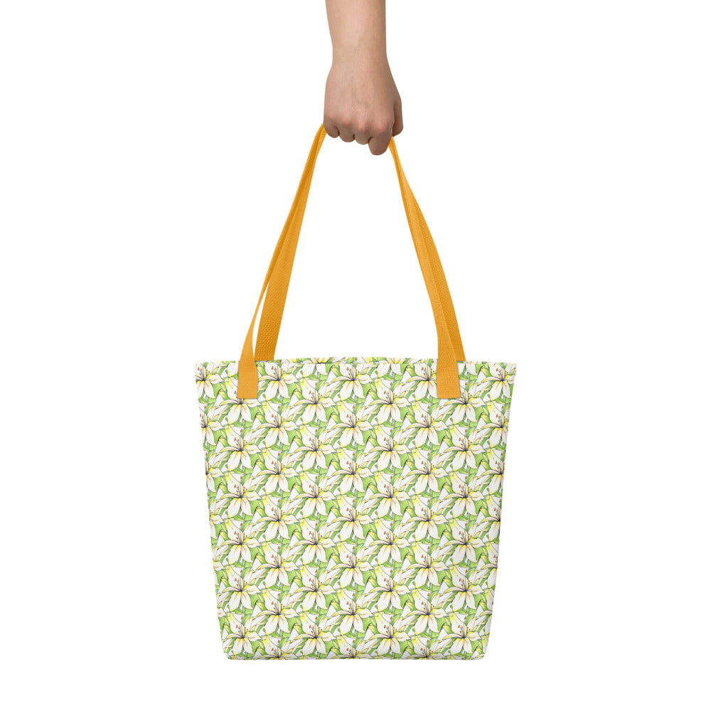 Exotic tropical floral design hand-drawn art yellow lifestyle bag carried view, by Briseis Gifts