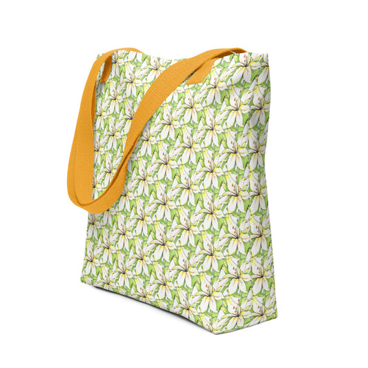 Exotic tropical floral design hand-drawn art yellow lifestyle bag side view, by Briseis Gifts