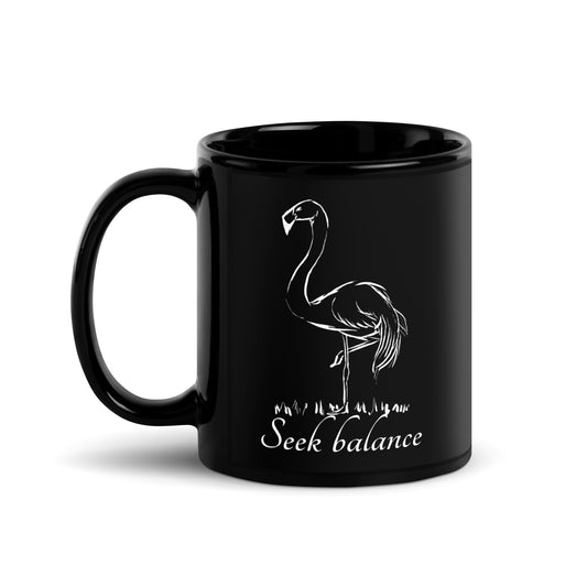 Balancing flamingo hand-drawn art black ceramic mug right view