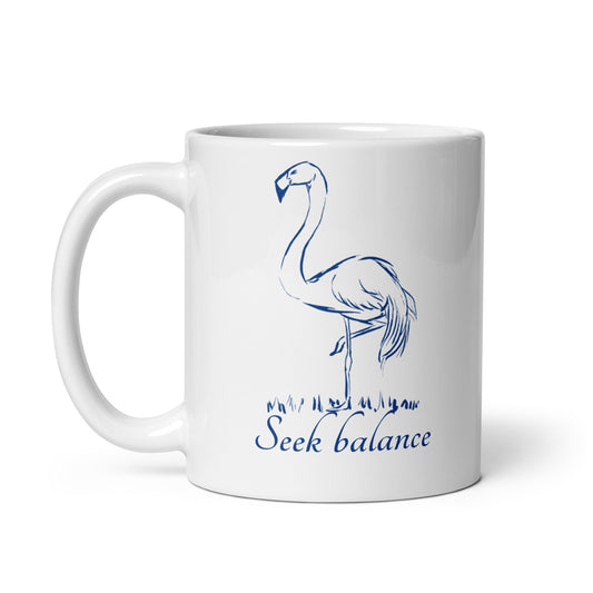 Balancing flamingo hand-drawn art white ceramic mug right view