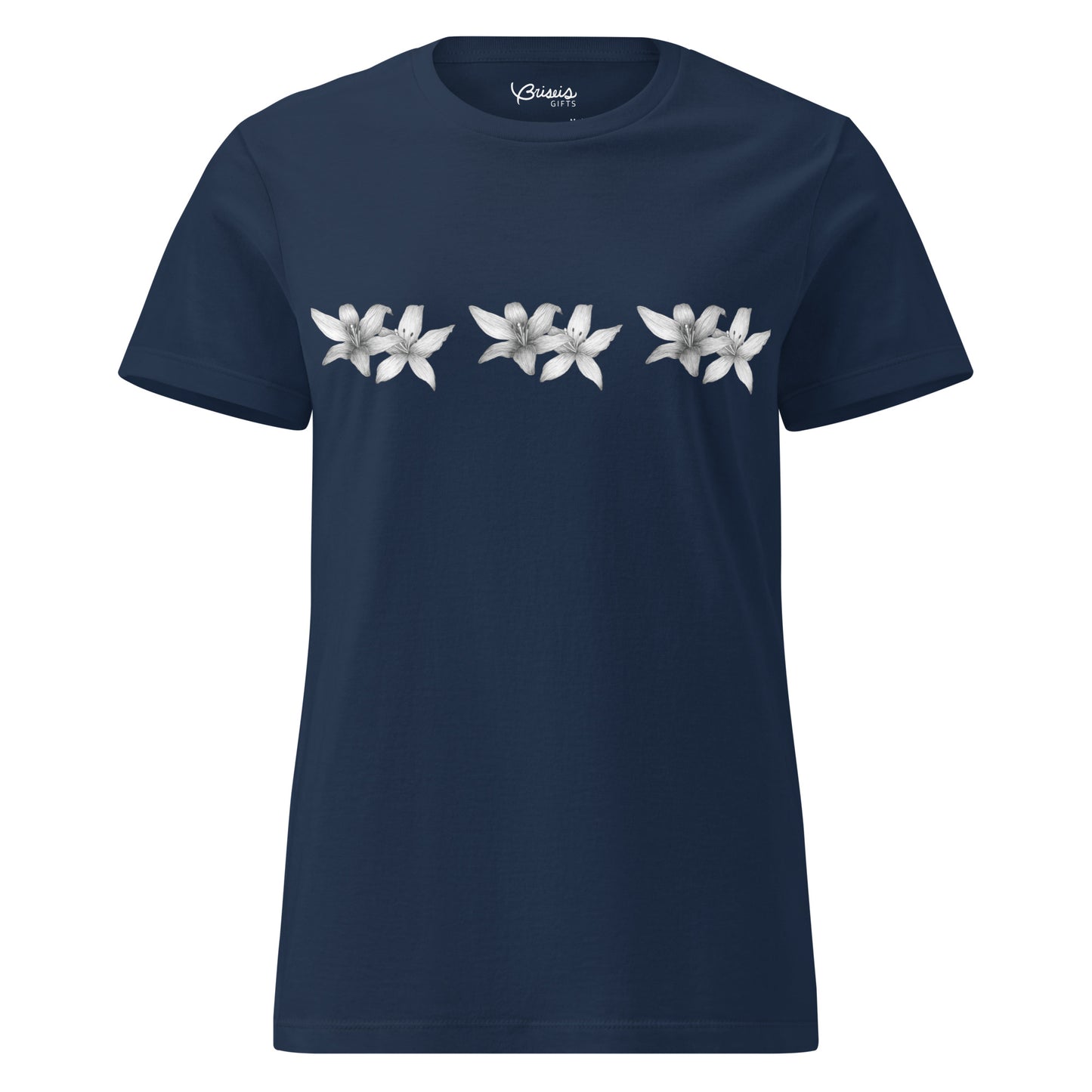 Floral design hand-drawn art women's blue t-shirt front view