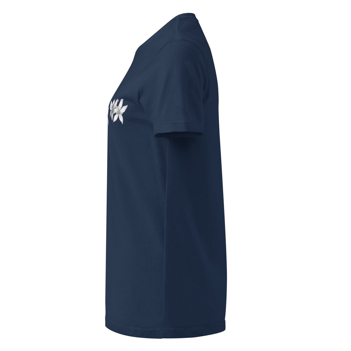 Floral design hand-drawn art navy blue women's t-shirt, left view, by Briseis Gifts