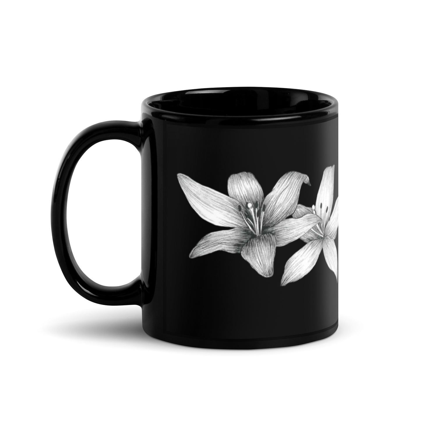 Intricate floral hand-drawn art black ceramic mug right side, by Briseis Gifts