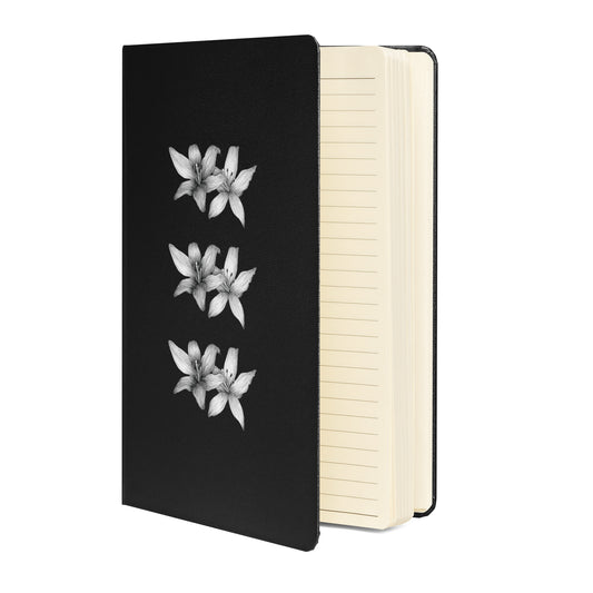 Intricate floral design hand-drawn art black notebook journal open view, by Briseis Gifts