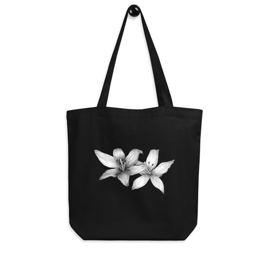 Intricate floral hand-drawn art black organic cotton eco tote bag hanging view, by Briseis Gifts