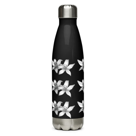 Intricate floral design hand-drawn art black stainless steel water bottle right view, by Briseis Gifts