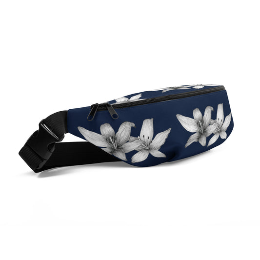 Intricate floral design hand-drawn art navy blue fanny pack side view, by Briseis Gifts