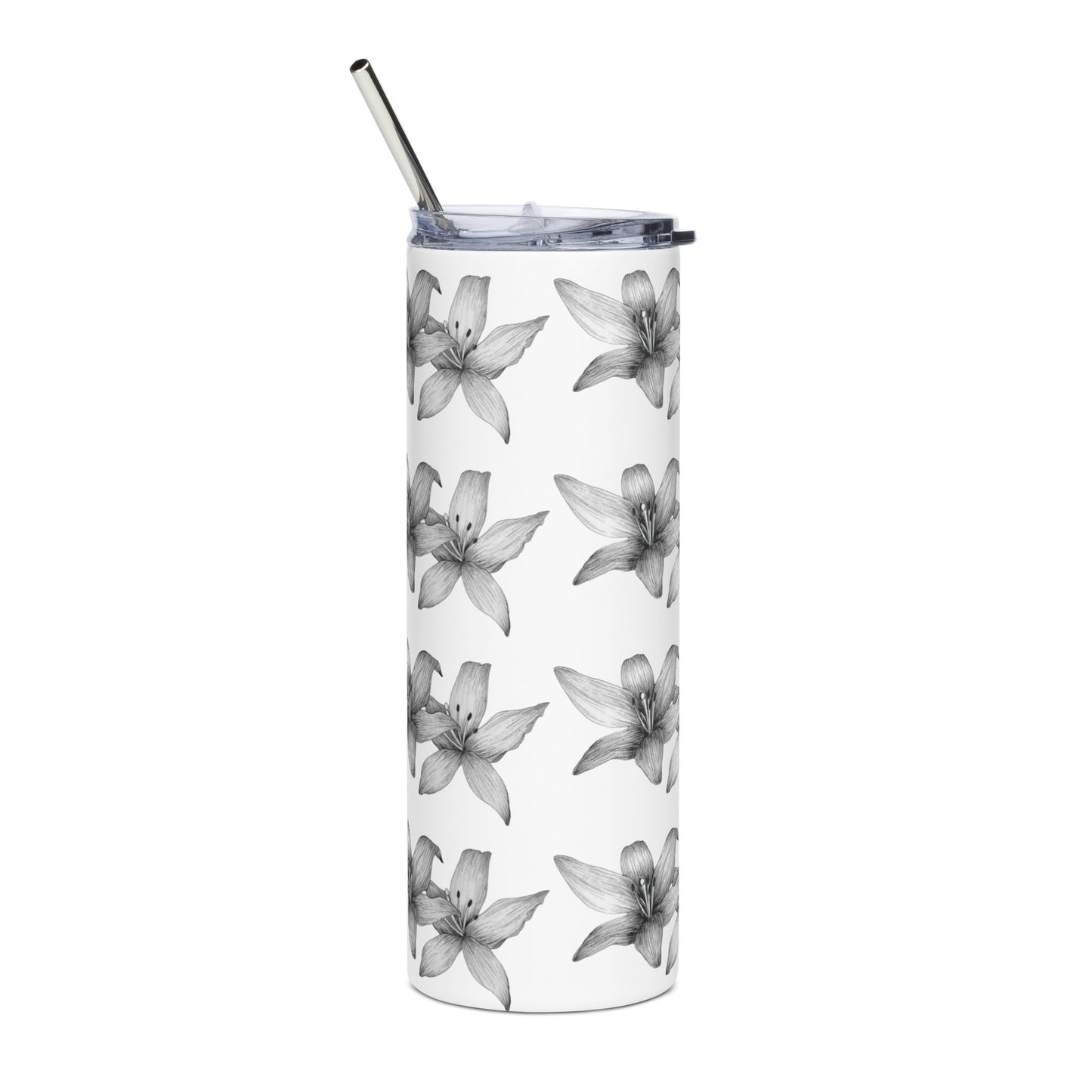 Intricate floral design hand-drawn art white stainless steel back view, by Briseis Gifts