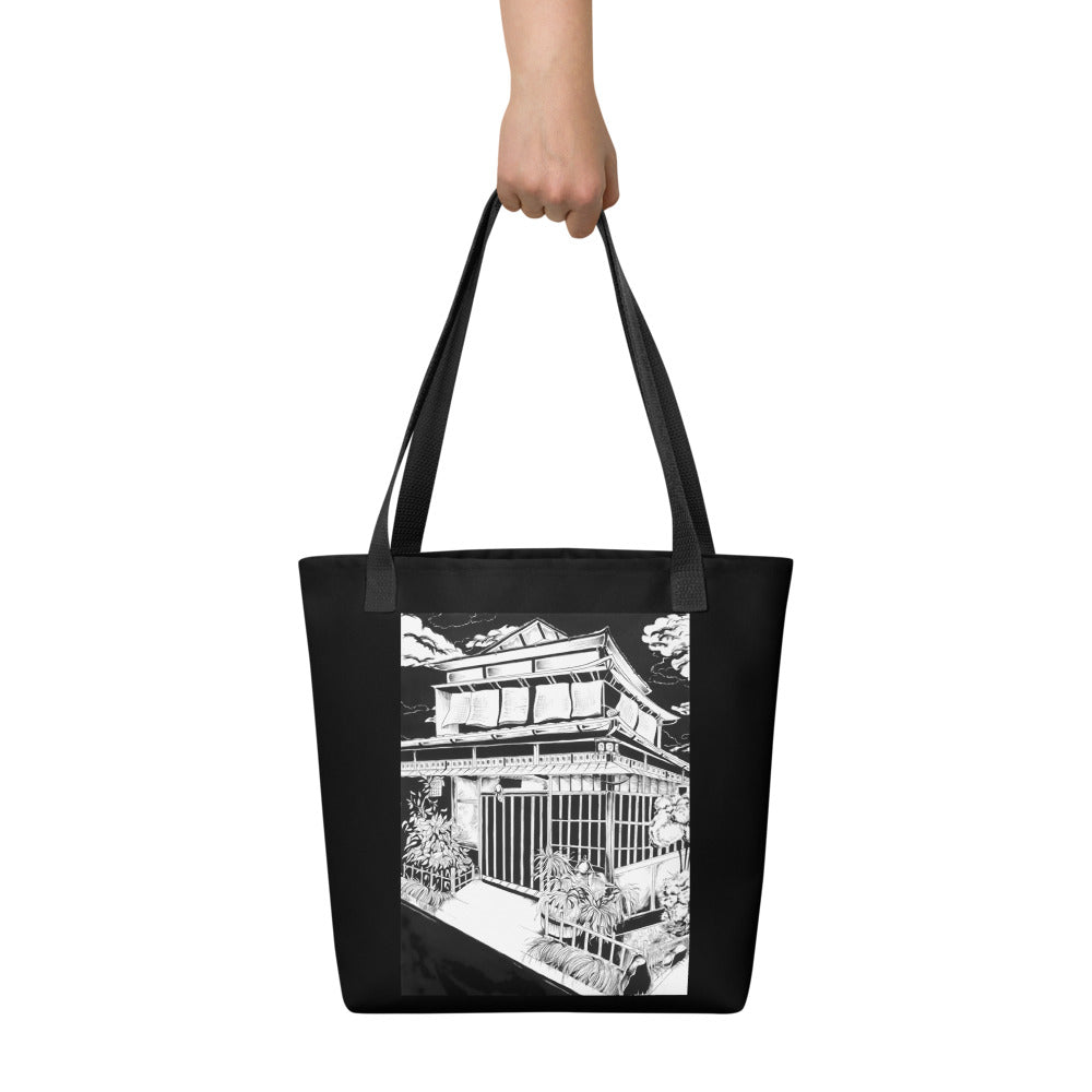 Japanese design hand-drawn art black lifestyle bag carried view, by Briseis Gifts