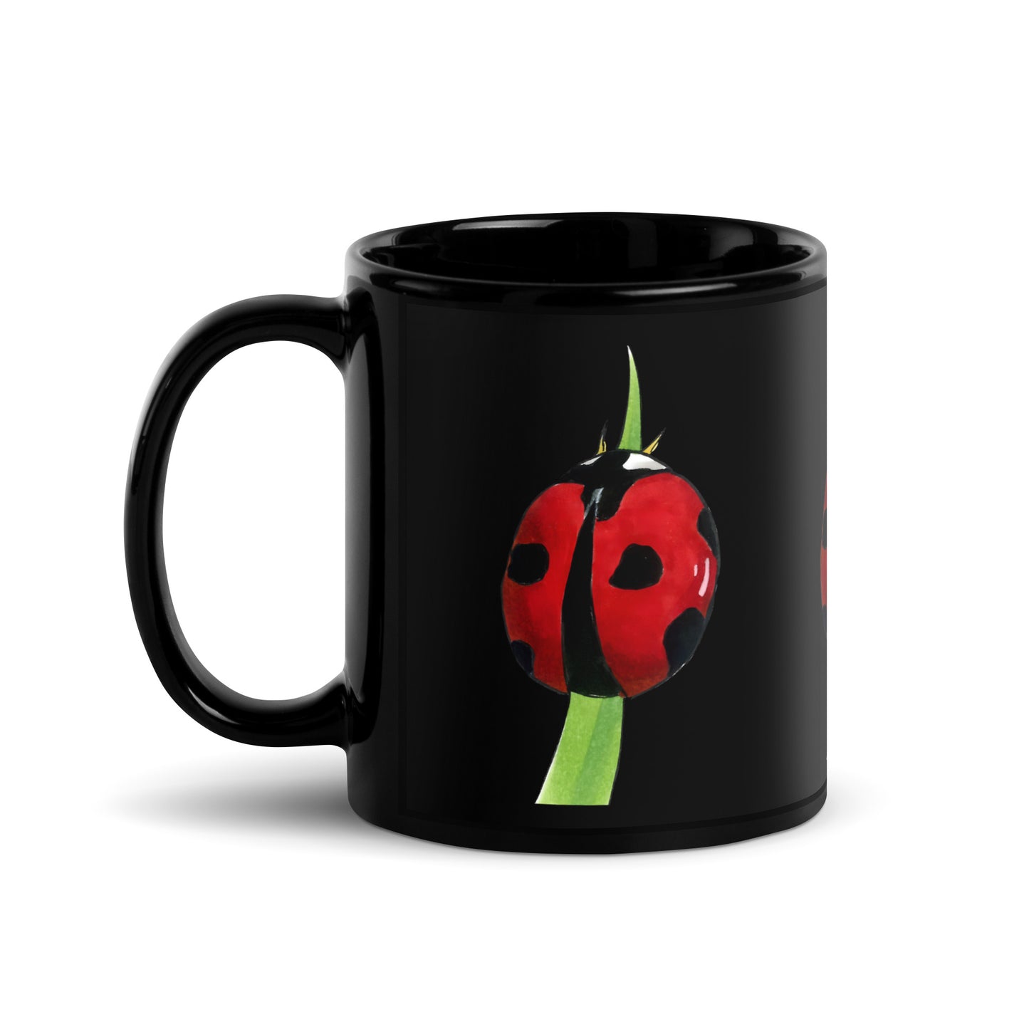 Ladybug design hand-drawn art black ceramic mug, right side, by Briseis Gifts