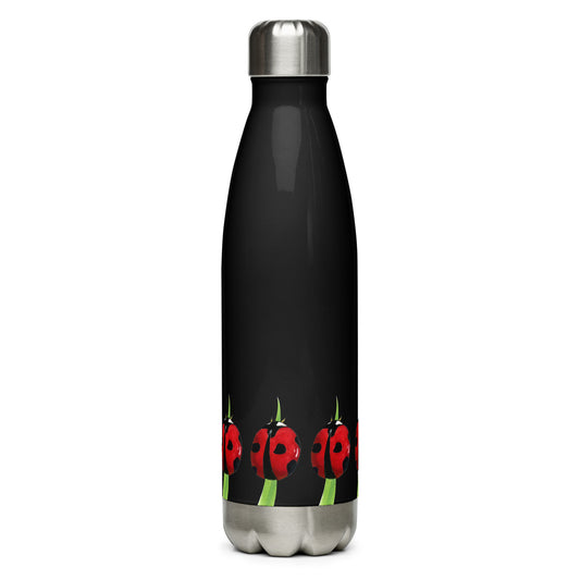 Ladybug design hand-drawn art black stainless steel water bottle side view, by Briseis Gifts