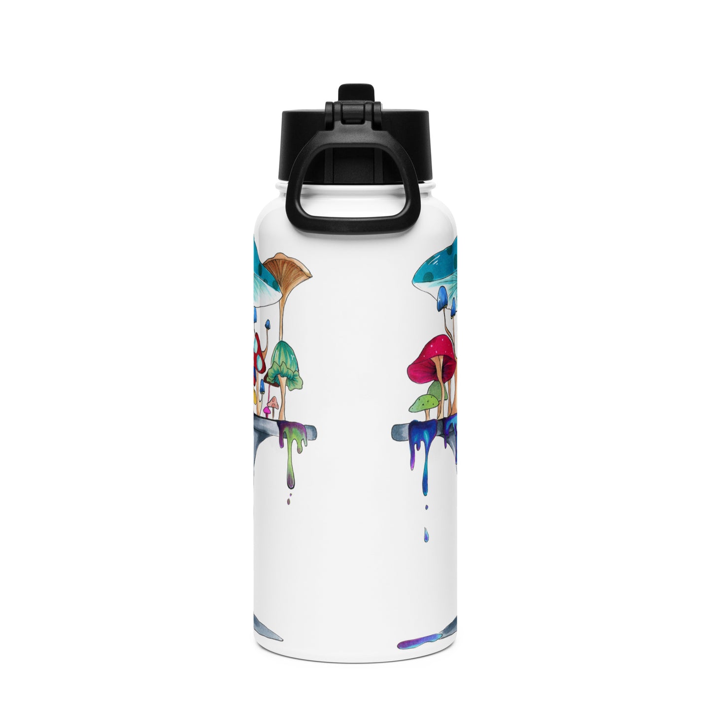 Melting away mushrooms hand-drawn art stainless steel water bottle with straw, left, by Briseis Gifts