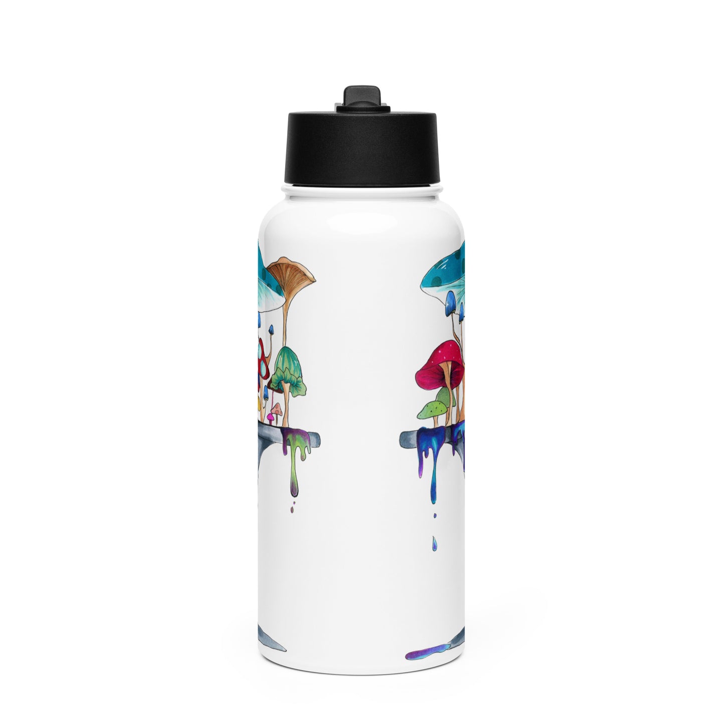 Melting away mushrooms hand-drawn art stainless steel water bottle with straw, right, by Briseis Gifts