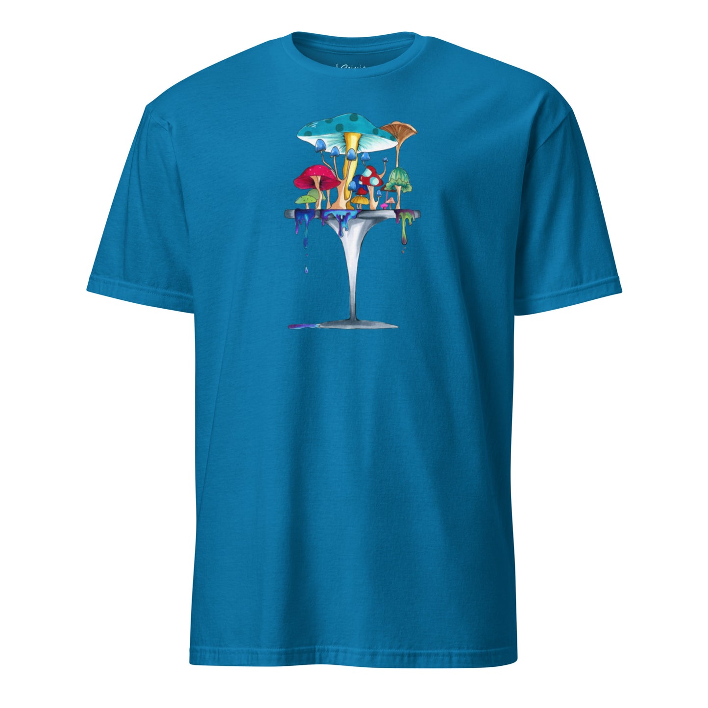 Melting mushroom hand-drawn art unisex blue t-shirt front view