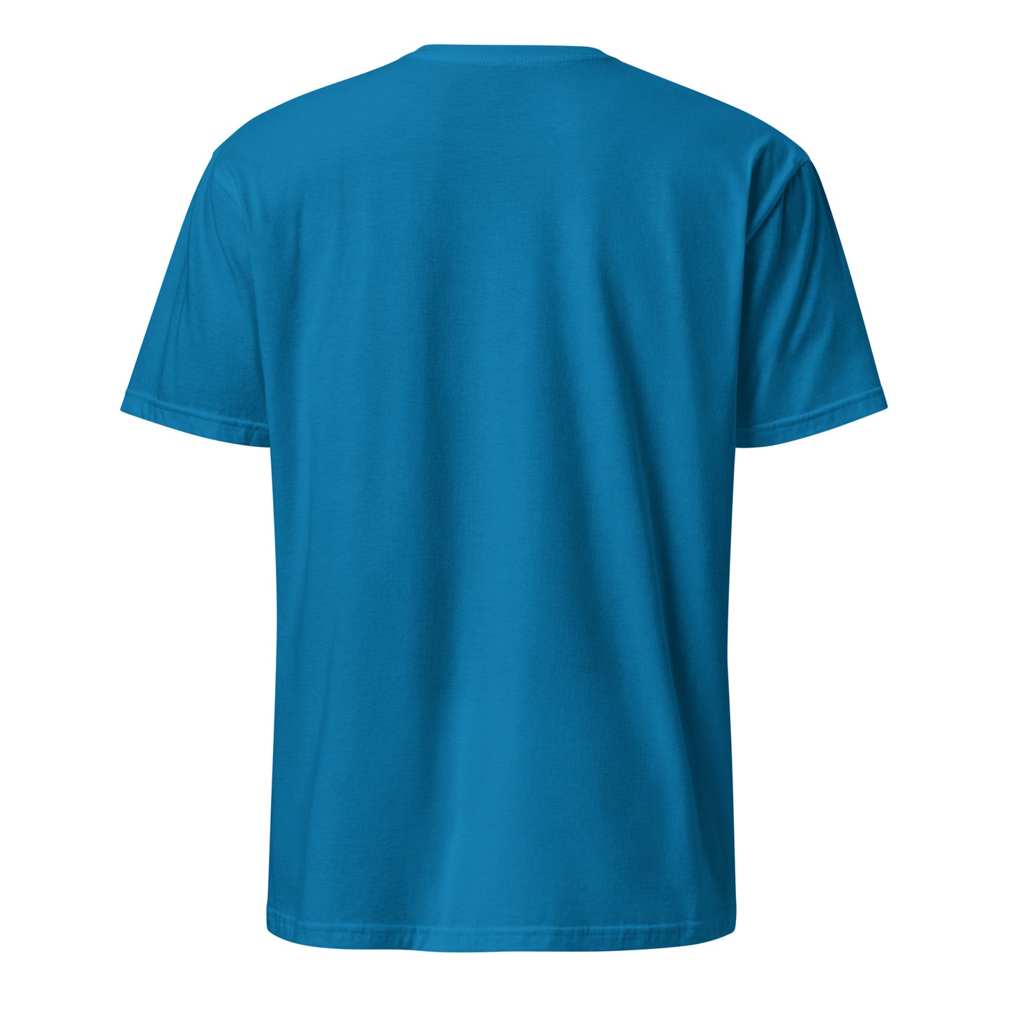 Melting away mushroom hand-drawn art statement unisex blue t-shirt back view