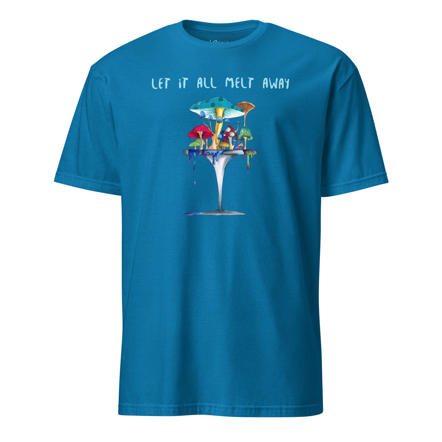 Melting away mushroom hand-drawn art statement unisex blue t-shirt front view