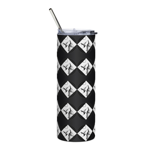 Mountain adventure hand-drawn art black stainless steel tumbler back view