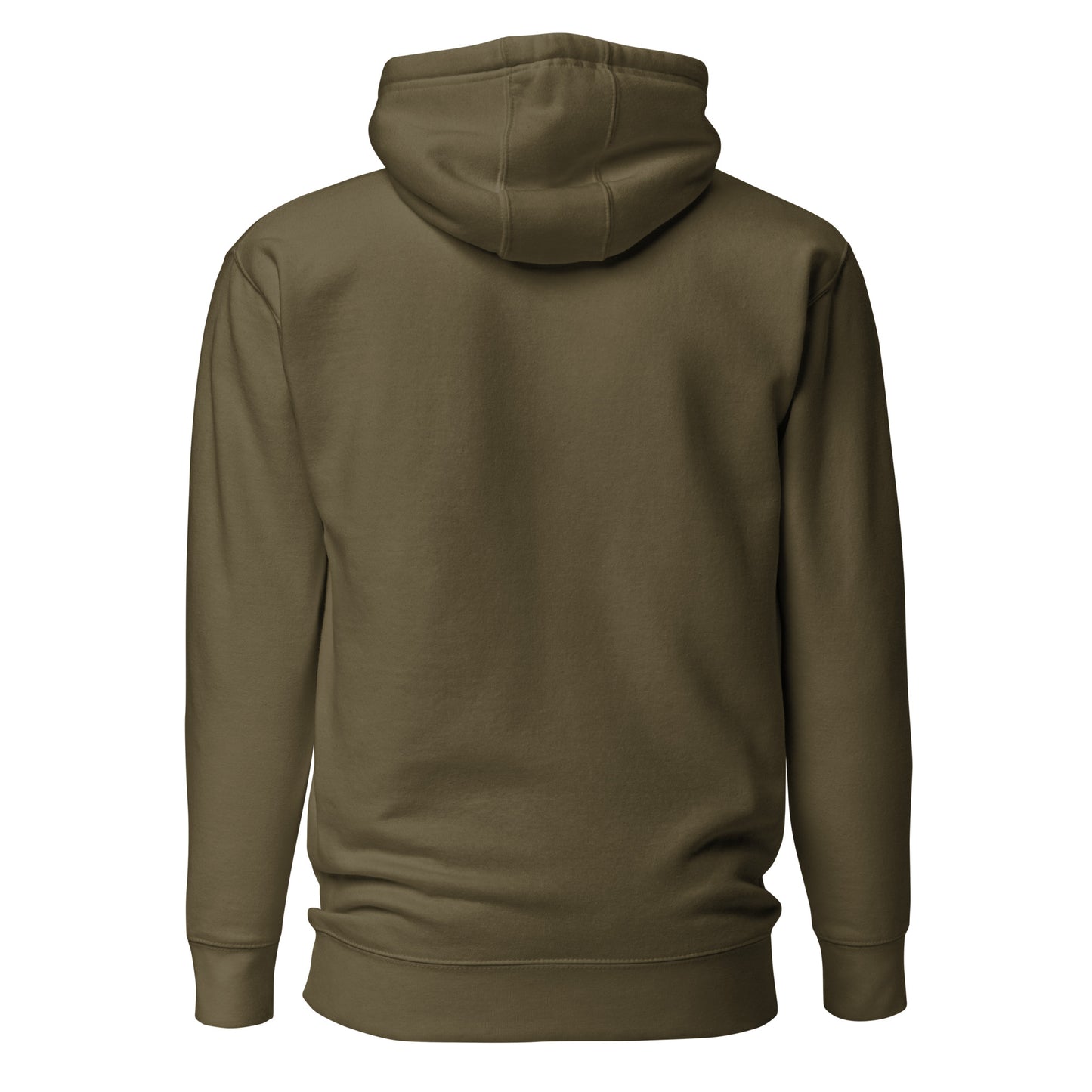 Mountain adventure hand-drawn art military green hoodie back view