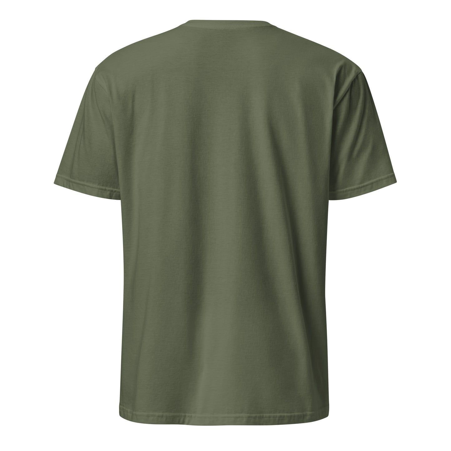 Mountain adventure hand-drawn art military green unisex statement t-shirt, back view, by Briseis Gifts